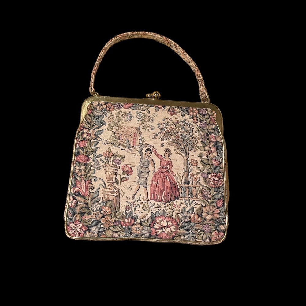 Antique but never used large French brocade handbag couple dancing